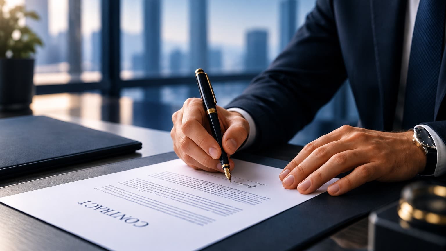 A person in a suit signing a contract at a desk